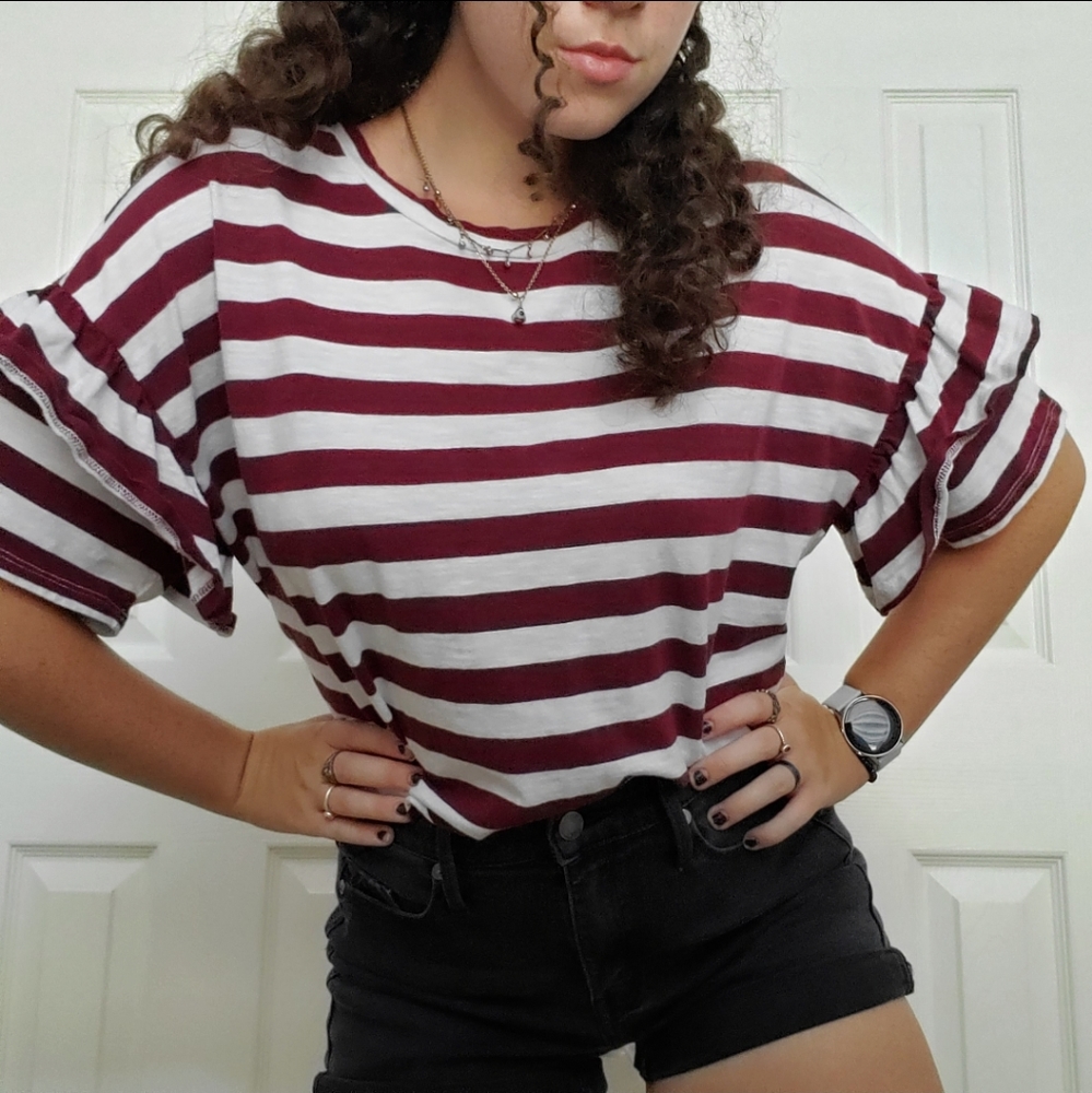 Maroon and White Striped Tee